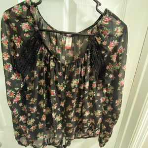 Sheer flower print tie front blouse
